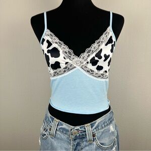 Cow Pattern Lace V-Neck Slim Fit Cropped Cami Tank Top Size Women Medium Stretch